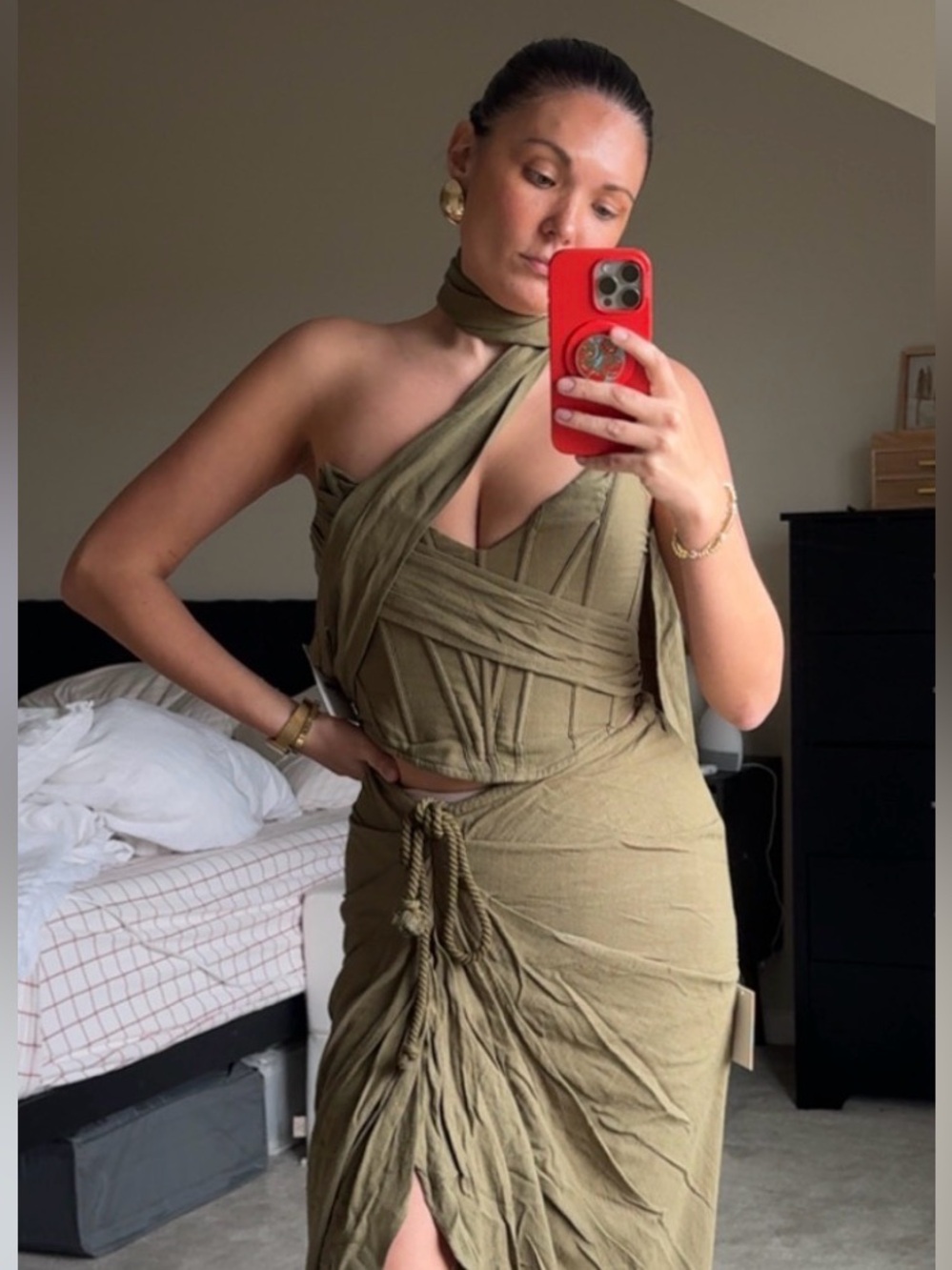 Olive Green Wrap Corset Crop Top - Women's Tie-Front Style